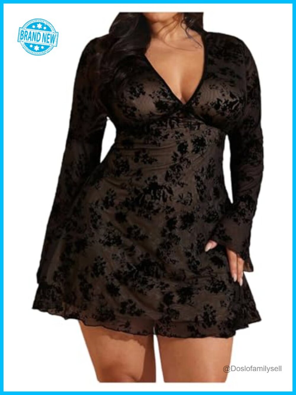 Plus Size A-Line Mini Dress Bell Sleeve Mesh Ruffle V-Neck Going Out